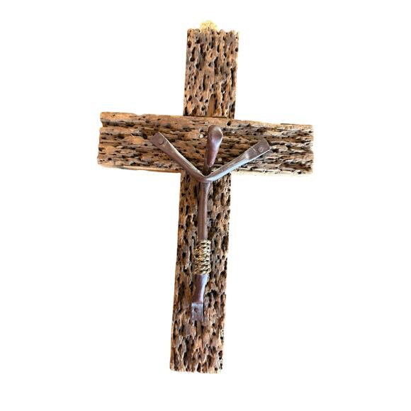 None Other - Vintage Brutalist Handmade Religious Metalware Cross 12.5"x8" Drift Wood